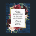 Carte de menu Mariage Blush Gold Blush de la Marin<br><div class="desc">Le design comprend un arrière - plan en plinthe en bois bleu marine décoré d'une élégante couronne fleurie fleurie de pivoines roses, de la verdure d'eucalyptus et plus dans les tons bordeaux, rouge de Marsala, marron, rose roux, etc. Le design présente également une bordure imprimée couleur or sous la couronne...</div>