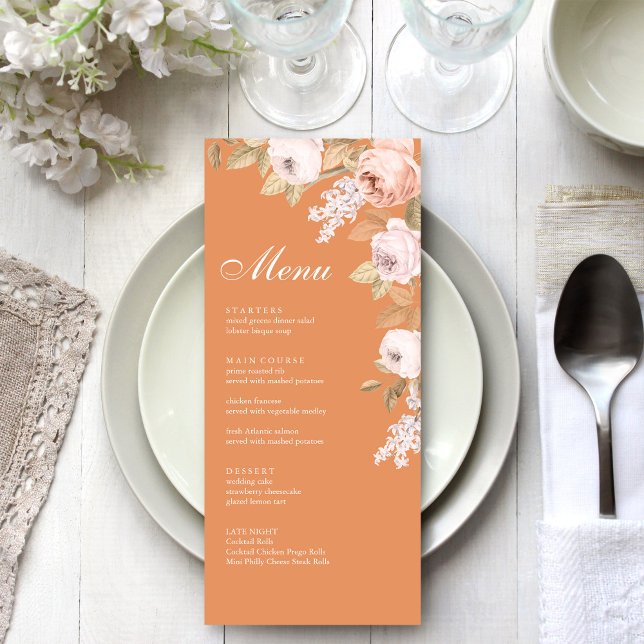 Carte de menu Mariage Boho Apricot Peonies (Boho Sage Green Peonies Wedding Menu Card on a boho white wedding dinner table.)