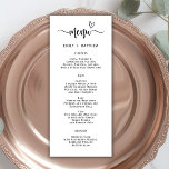 Carte de menu Mariage Boho Heart Script Typographi<br><div class="desc">Boho Heart Script Typographie Mariage Menu Card est parfait pour un mariage minimal moderne. Conception avec le texte "Menu" dans une calligraphie à la main et les détails du menu dans une police de type serif avec un look simple et propre. Ce menu peut être utilisé pour une réception de...</div>