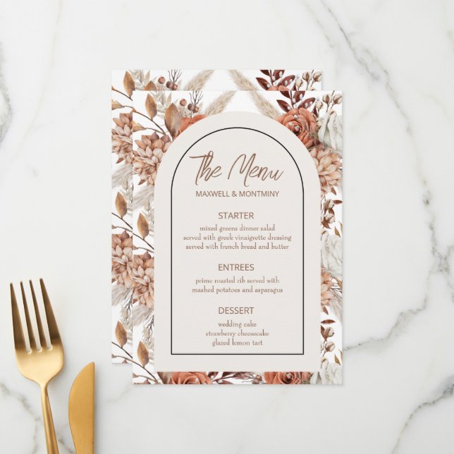 Carte de menu Mariage Boho Watercolor Pampas (Devant/Arrière en situation)