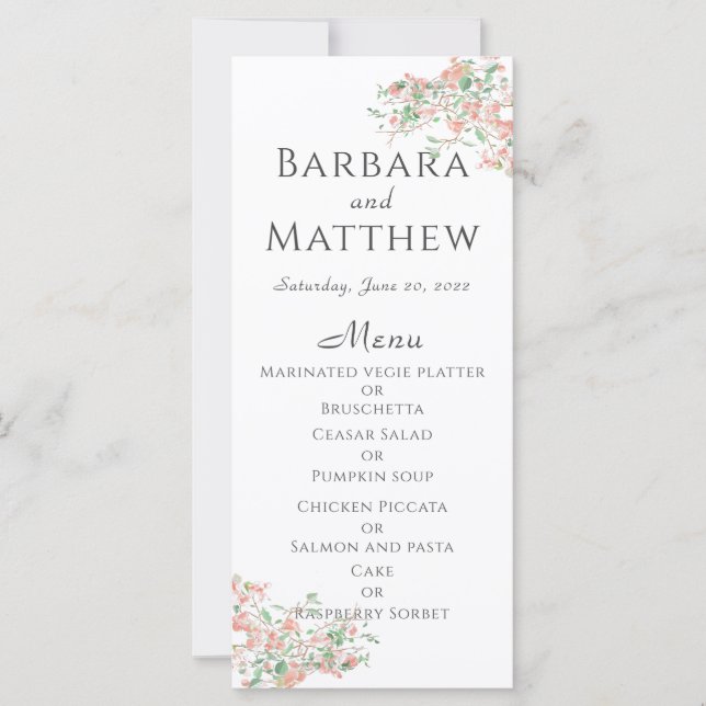 Carte de menu Mariage Botanique Rose et Boho Vert (Devant)
