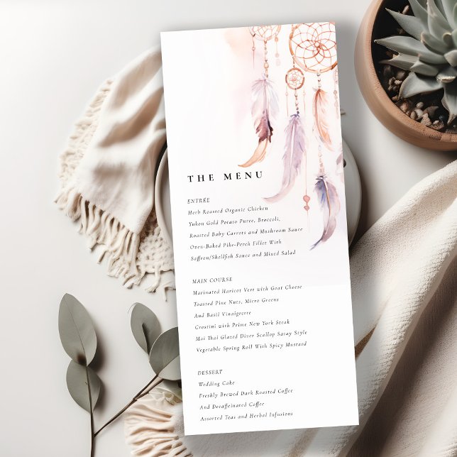 Carte de menu Mariage Chic Boho Feather Dreamcatch (Créateur téléchargé)
