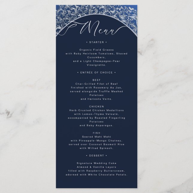 Carte de menu Mariage classique bleu damassé orang (Devant)