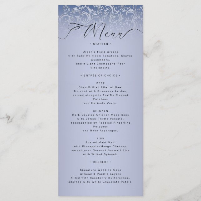 Carte de menu Mariage classique bleu damassé orang (Devant)