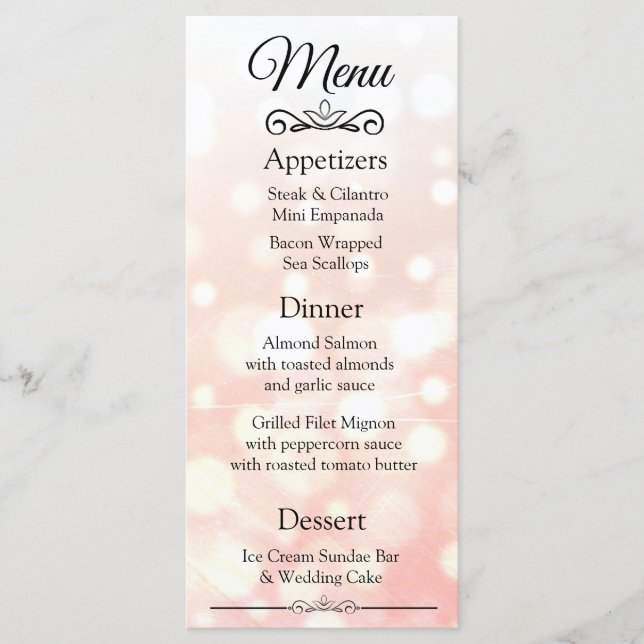 Carte de menu Mariage Coral Bokeh décorative (Devant)
