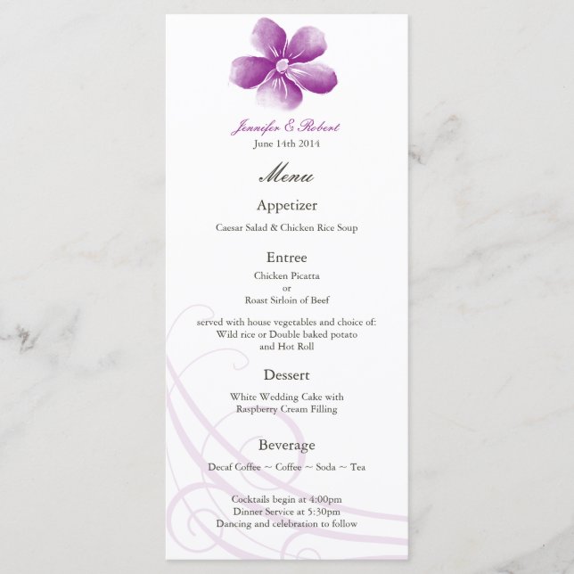 Carte de menu Mariage couleur pourpre (Devant)
