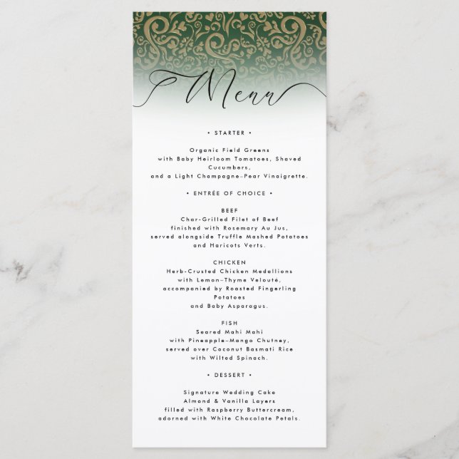 Carte de menu Mariage damassé verte (Devant)