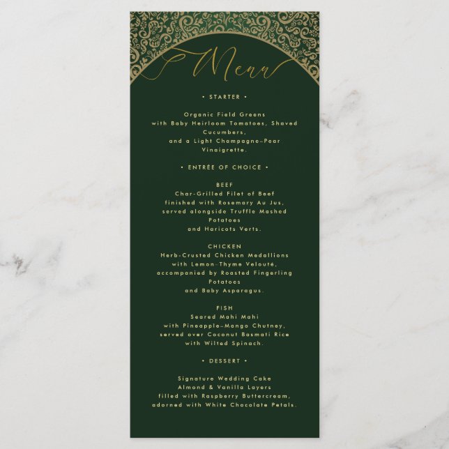 Carte de menu Mariage damassé verte (Devant)