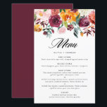 Carte de menu Mariage de automne Floral Automne<br><div class="desc">Ajoutez un accent floral élégant à votre paysage de table d'évènement avec cette carte de menu floral personnalisable. Il présente une guirlande florale aquarelle de fleurs d'automne orange, rose, bordeaux et jaunes aux accents d'eucalyptus et de verdure. Personnalisez cette carte de menu floral aquarelle en ajoutant vos propres détails. Cette...</div>
