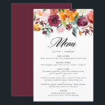 Carte de menu Mariage de automne Floral Automne<br><div class="desc">Ajoutez un accent floral élégant à votre paysage de table d'évènement avec cette carte de menu floral personnalisable. Il présente une guirlande florale aquarelle de fleurs d'automne orange, rose, bordeaux et jaunes aux accents d'eucalyptus et de verdure. Personnalisez cette carte de menu floral aquarelle en ajoutant vos propres détails. Cette...</div>