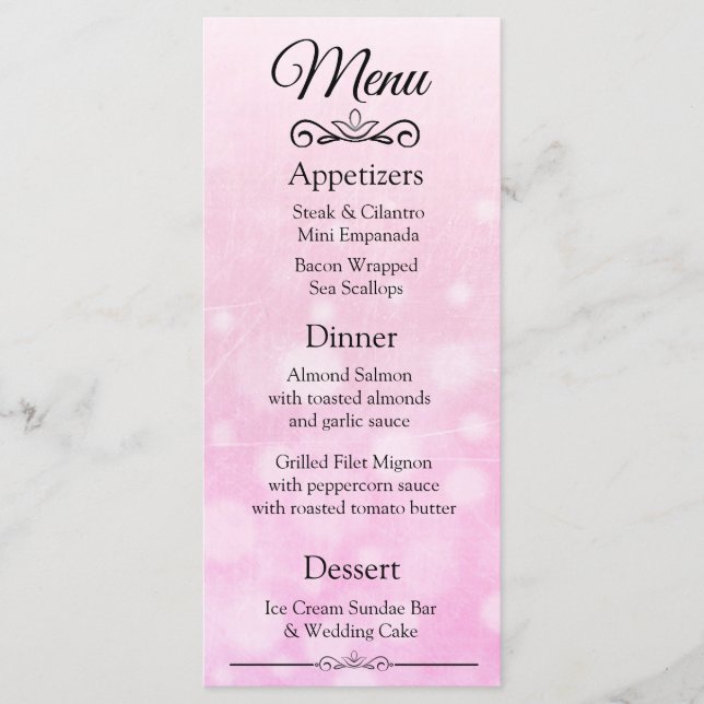 Carte de menu Mariage de Bokeh Rose élégant (Devant)