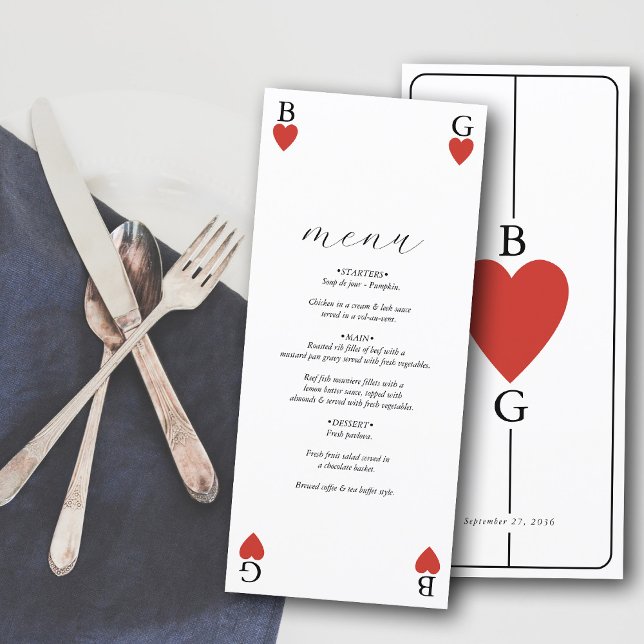 Carte de menu Mariage de carte de lecture de coeur (Monogram Hearts Playing Card Wedding Menu Card)