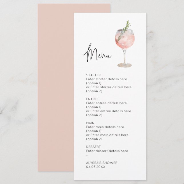 Carte de menu Mariage de cocktail Pink Watercolor (Devant / Derrière)