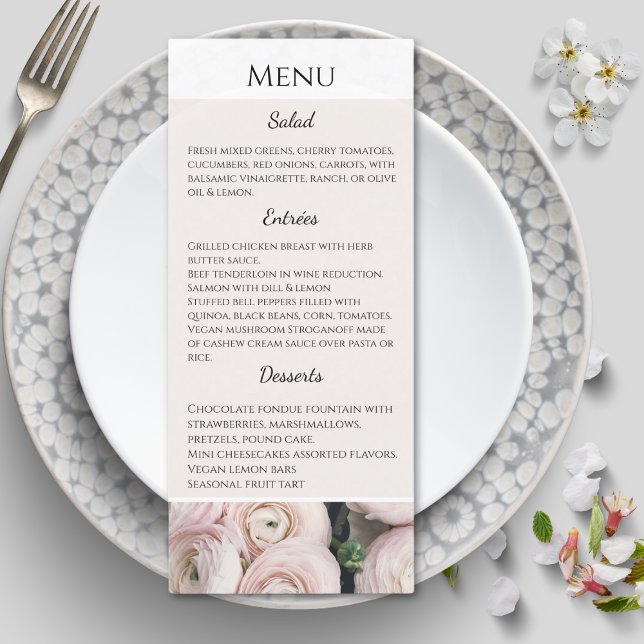 carte de menu mariage de collection rose vif moder (Modern blush pink flower easy to read menu. Creamy background with crispy white details. )
