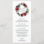 Carte de menu Mariage de courroie en fleurs rayant<br><div class="desc">Notre menu mariage chic jardin vous propose des entrées, entrées et desserts en lettres élégantes, avec vos noms encerclés par une couronne fleurie couleur bijou en marsala bordeaux, bleu marine et vert. Coordonnée avec notre collection de mariages à fleurs radiantes. Utilisez les champs modèle pour ajouter les informations de votre...</div>