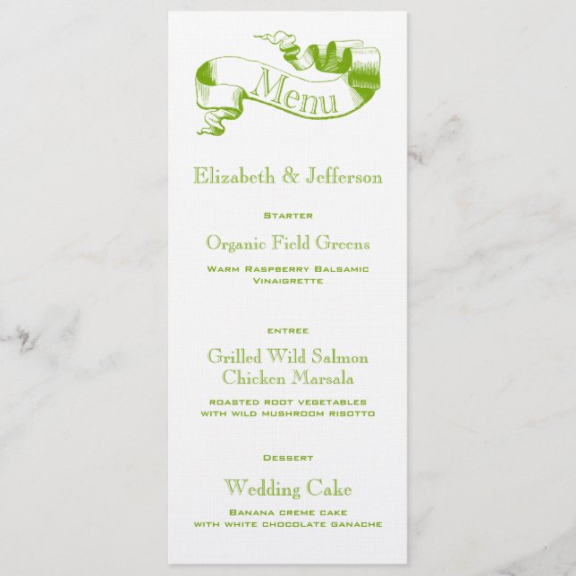 Carte de menu Mariage de défilement vert printemps (Devant)