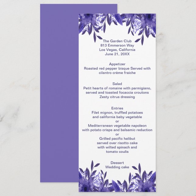 Carte de menu Mariage de feuillage bleu violet (Devant / Derrière)