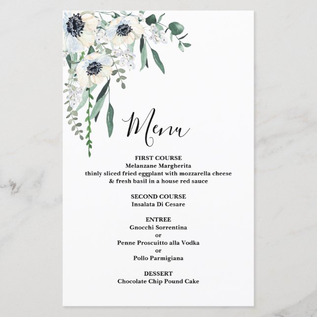 Carte de menu Mariage de fleurs d'anémone (Devant)