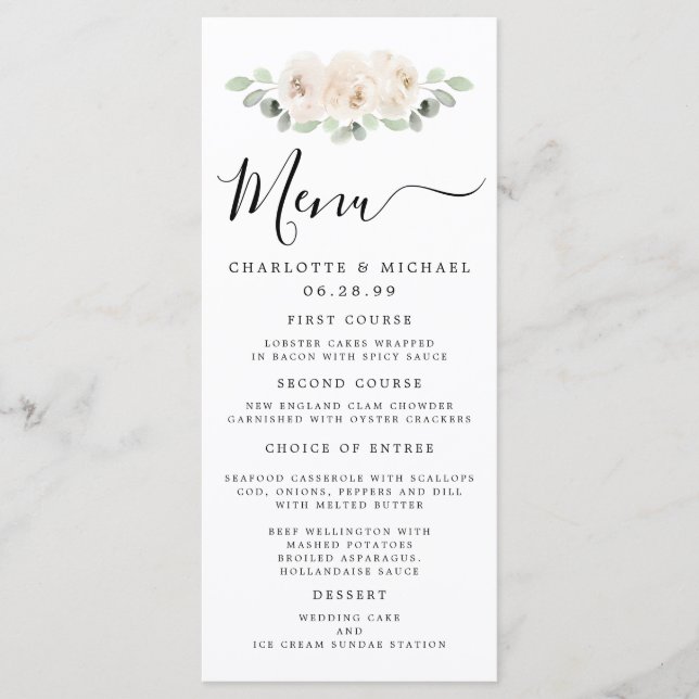 Carte de menu Mariage de fleurs de rose blanche (Devant)
