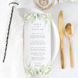 Carte de menu Mariage de la Botanique Aérienne<br><div class="desc">Notre menu mariage chic jardin vous propose des entrées, des entrées et des desserts en lettrage gris élégant, bordés en haut et en bas par une aquarelle pastel et verdure. Coordonnées avec notre collection de mariages botaniques Airy. Utilisez les champs modèle pour ajouter les informations de votre menu, puis cliquez...</div>