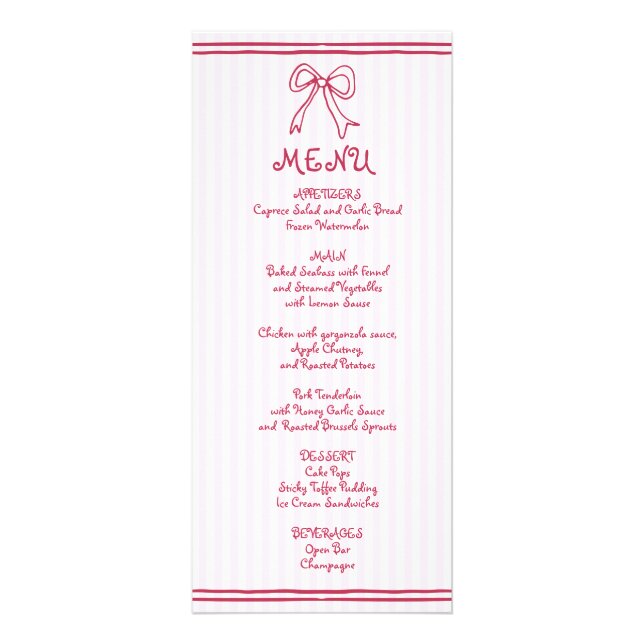 Carte de menu mariage de l'arc de griffes rose et  (Devant)