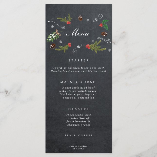 carte de menu mariage de Noël rustique (Devant)