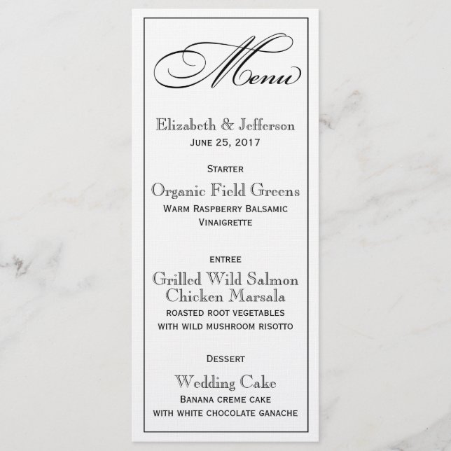 Carte de menu Mariage de script élégant (Devant)