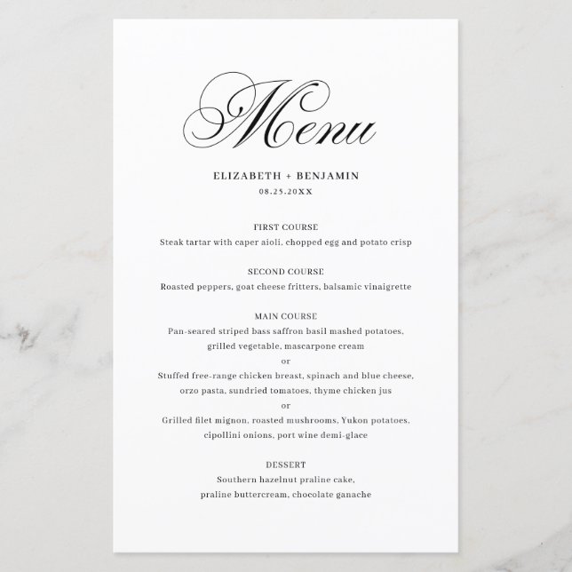 Carte de menu Mariage de script noir élégant (Devant)