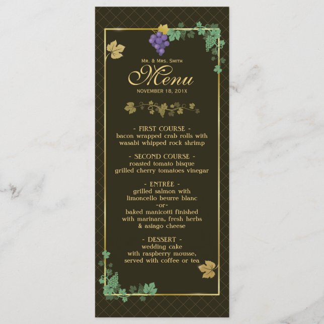 Carte de menu Mariage de vignes avec cadre or (Devant)