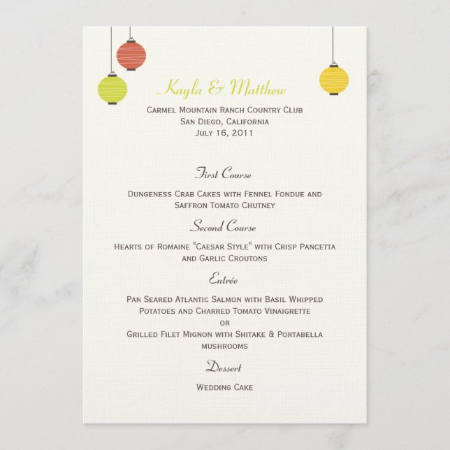 Carte de menu Mariage des lanternes (Devant)