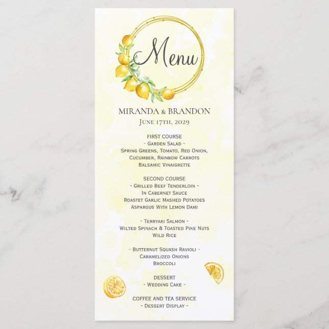 Carte de menu Mariage d'été au citron vert d'or ru (Devant)