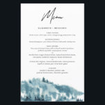 Carte de menu Mariage d'hiver de la forêt bleue Aq<br><div class="desc">Cartes thématiques d'hiver au pays des merveilles avec des illustrations d'aquarelle de forêt bleue et typographie rustique. Personnalisez en ajoutant des noms et des détails de menu. Ces cartes de menu de la forêt bleue sont parfaites pour les mariages d'hiver. douches nuptiales,  baby showers,  anniversaires et autres fêtes similaires.</div>