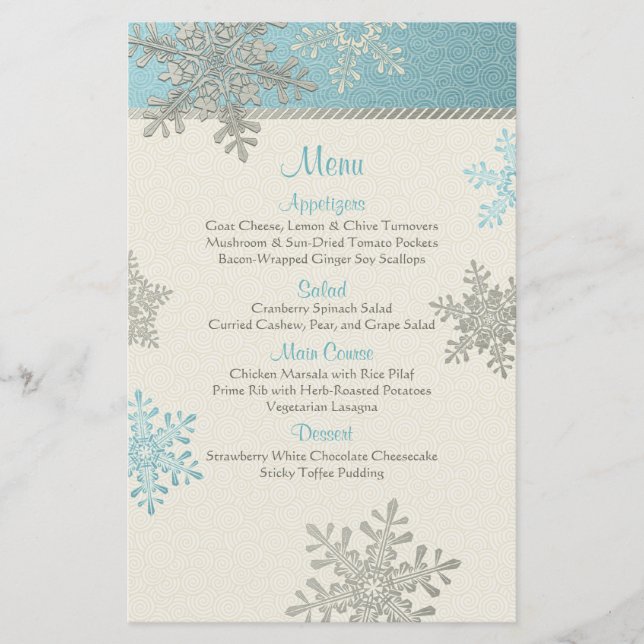 Carte de menu Mariage d'hiver Silver Blue Snowflak (Devant)