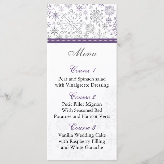 carte de menu mariage d'hiver violet gris (Devant)