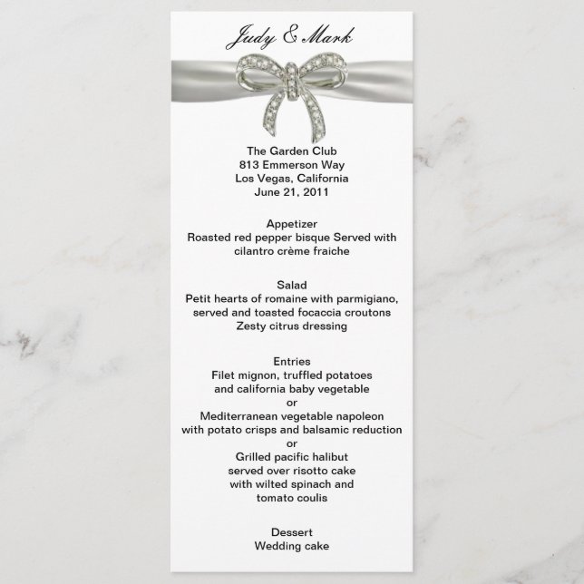 Carte de menu Mariage Diamond Bow (Devant)