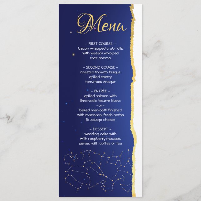 Carte de menu Mariage du panneau étoile du Zodiaqu (Devant)
