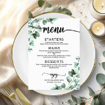 Carte de menu Mariage écologique<br><div class="desc">Préparez-vous à être fasciné par notre suite mariage de verdure à couper le souffle ! Doté d'une délicate illustration de feuilles eucalyptus et d'une calligraphie audacieuse et élégante, il s'agit d'une combinaison parfaite pour votre mariage enchanteur sur le thème du jardin. Si vous n’avez pas d’articles ou si vous avez...</div>