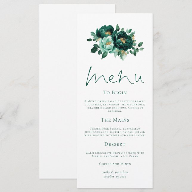 Carte de menu Mariage Emerald and Gold Florals (Devant / Derrière)