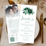 Carte de menu Mariage Emerald Gold Florals<br><div class="desc">Emerald Gold Florals Love Story Photo Mariage Carte Menu. Disponible numériquement et imprimé. Une conception à double usage. De belles fleurs sont en haut, avec un script élégant pour Menu et facile à personnaliser le reste du texte à vos exigences. Au dos, ajoutez votre histoire d'amour, votre photo et un...</div>