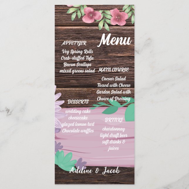 Carte de menu mariage en bois rustique (Devant)