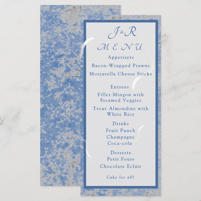 Carte de menu Mariage en marbre bleu et gris (Devant / Derrière)