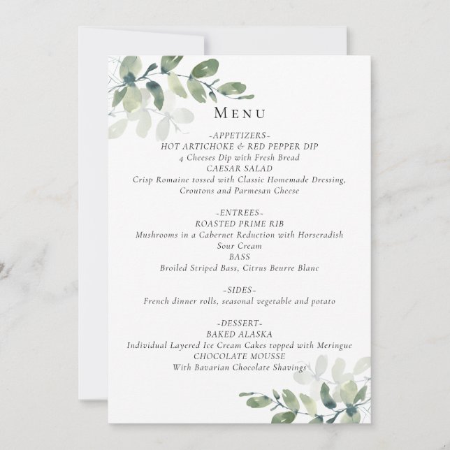 Carte de menu Mariage Eucalyptus (Devant)