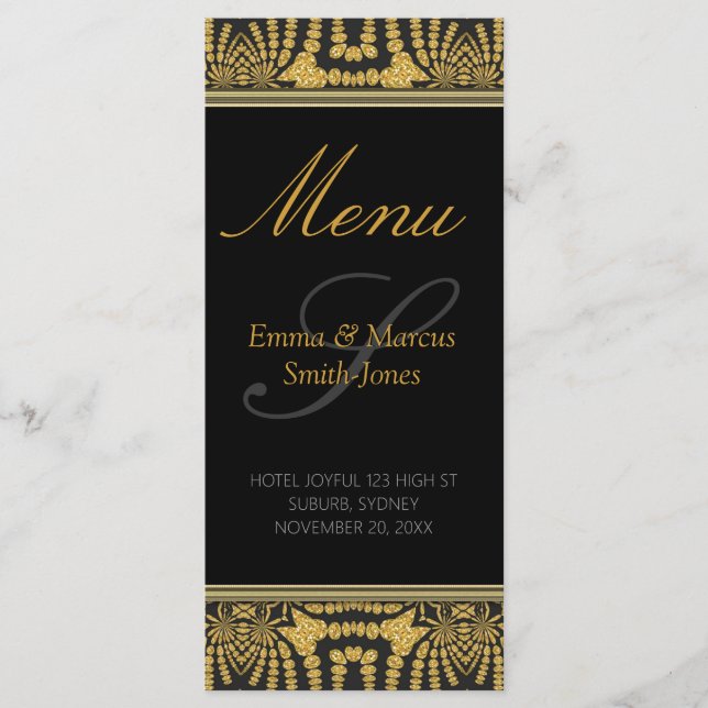 Carte de menu Mariage Exotic Black & Gold Tribal B (Devant)