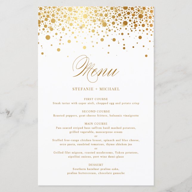 Carte de menu Mariage Faux Gold Foil Confetti (Devant)