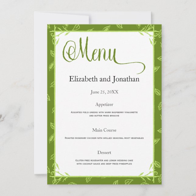 Carte de menu mariage Feuille vert (Devant)