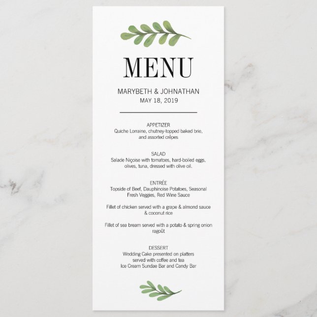 Carte de menu Mariage Feuille Watercolor Greenery (Devant)