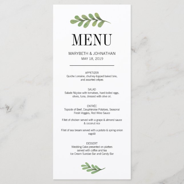 Carte de menu Mariage Feuille Watercolor Greenery (Devant)