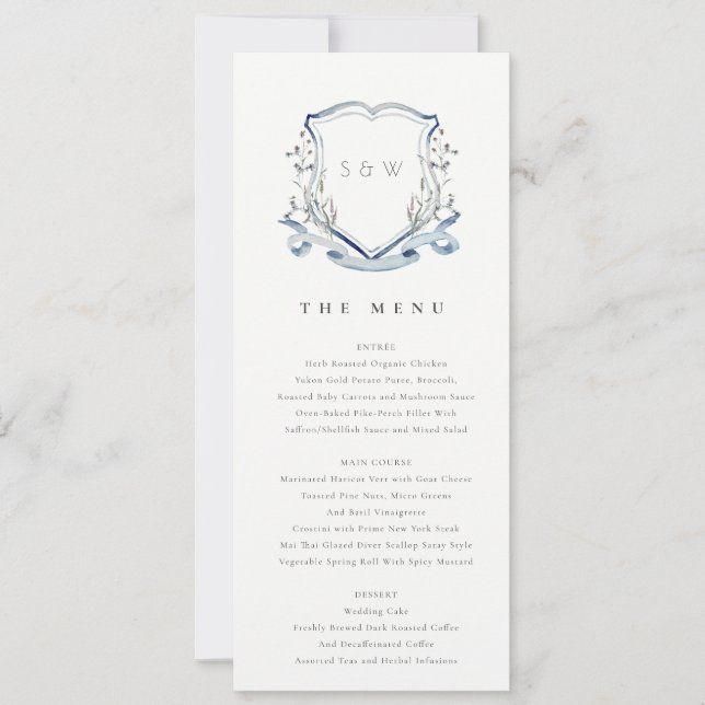 Carte de menu Mariage Fleur sauvage bleu aquarelle (Devant)