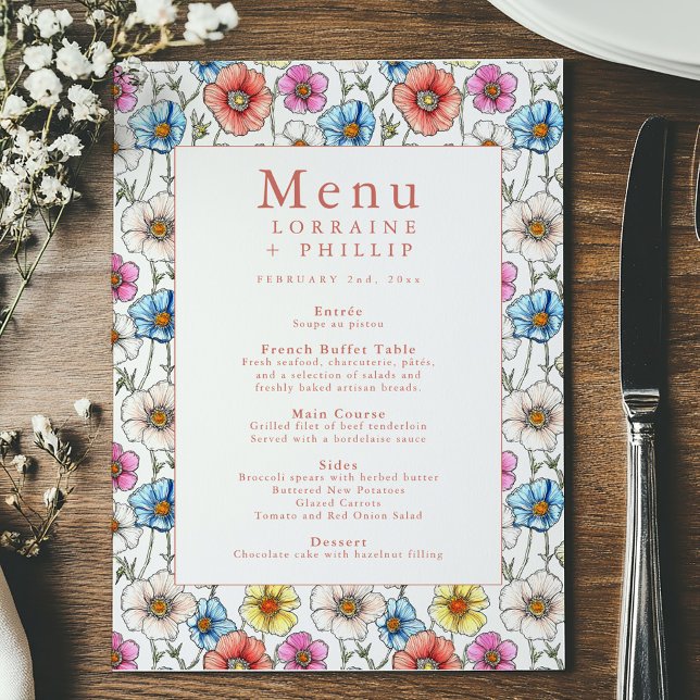Carte de menu Mariage Fleur sauvage vintage ( Vintage style wildflower wedding menu card with a colorful hand drawn style floral border)