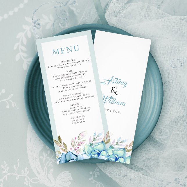 Carte de menu mariage fleurs d'aquarelle bleue (Créateur téléchargé)